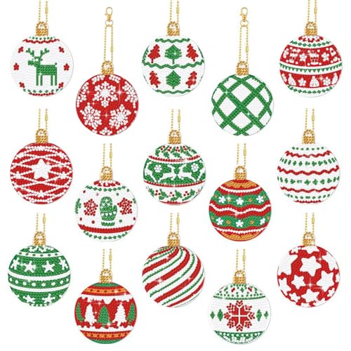 Mixxiula 15 Piezas Colgante de Pintura de Diamante de Doble Cara Adorno de Bola de Navidad Llavero Pintado con Diamantes de Acrílico para Decoración del árbol de Navidad Etiquetas de Regalo