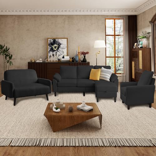 Firmacielu 4 Piece Modern Corduroy Sofa Set, L-Shaped Sectional Couch with Storage Ottoman, Loveseat & Single Arm Chair, Side Storage Pockets, Removable Cushions for Living Room Apartment