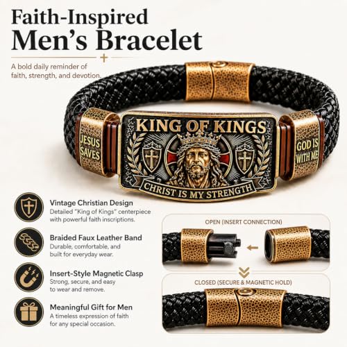 Cemssitu King of Kings Faith Bracelet for Men, Christian Wristband with Christ Is My Strength Engraving, Jesus Bracelet with Magnetic Clasp, Inspirational Religious Gift for Husband Dad Pastor (2PCS) – vue 2