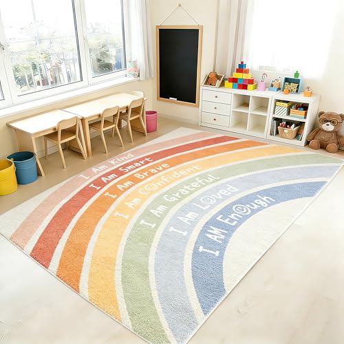 Rainbow Classroom Rug 3x5 Washable Boho Calming Corner Rug for Girls Bedroom Non-Slip Soft Large Area Rugs Motivational Space Floor Carpet for Nursery Playroom Reading Living Room Home Decor