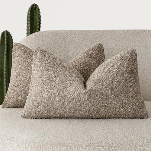 Image of Foindtower Pack of 2 Textured Boucle Throw Pillow Covers Accent Solid Decorative Lumbar Pillow Cases Soft Couch Cushion Case for Chair Sofa Bedroom Living Room Home Decor 12x20 Inch Light Khaki Tan