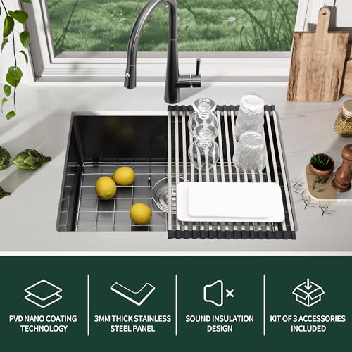 Image of 25-inch Black Undermount Kitchen Sink, SINKVINE Stainless Steel Single Bowl