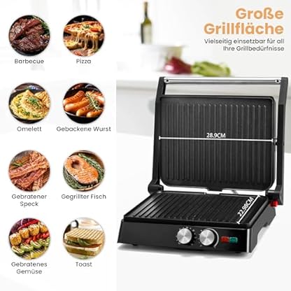 Pukomc Kontaktgrill, 1800W Contact Grill Plattengriller mit Antihaftbeschichtung, 60 Minuten Timer, 180º Öffnung，Sandwiches、 Steak und als Panini grill – Bild 3
