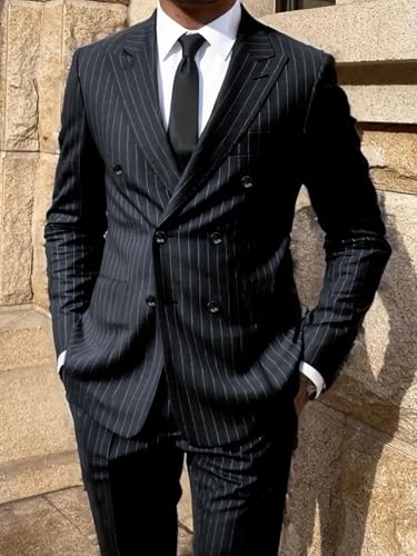 Mens Double Breasted Pinstripe Suit- 2 Piece Slim Fit Stripe Tuxedo,Business Wedding Dinner Party Jacket Pants Suit Set2