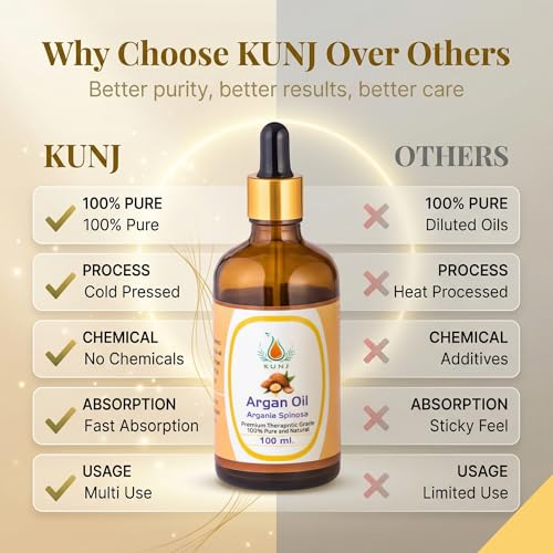 Image of KUNJ Argan Oil 100ml | 100% Pure & Natural Cold Pressed Moroccan Argan Oil | Undiluted Oil for Hair Nourishment, Skin Hydration, Face Care & DIY Beauty Use