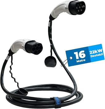 Hims 22kW 32A Tip 2 Premium Elektrikli Ara   arj Kablosu 16 Metre - Siyah, IP54 Suya Dayan kl , T m Elektrikli Ara larla Uyumlu