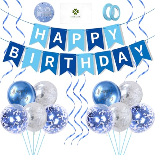 Mtjkkpo Happy Birthday Banner and Blue Birthday Decorations Set with Birthday Badge Balloons Ribbons Banners Card for Party Decorations Supplies