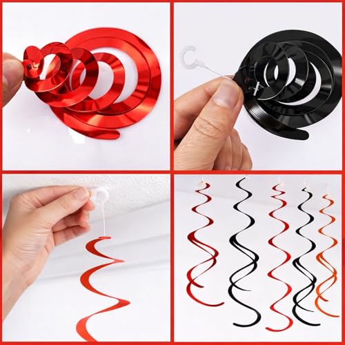 Image of Halloween & Gothic Party Decor - Black Red Swirl Ceiling Decorations 48 Pack, Spooky Theme Supplies for Haunted House & School Color Event
