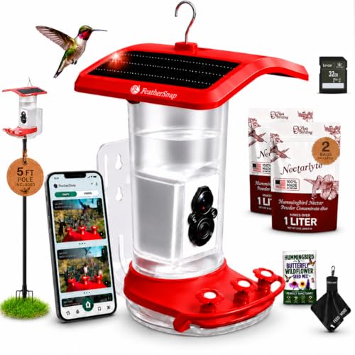 FeatherSnap Smart Hummingbird Feeder with HD Camera WiFi Solar Bird Feeder with Motion Sensor App Alerts Live Video & Photo Capture 1L Nectar Capacity for Outdoor Bird Watching