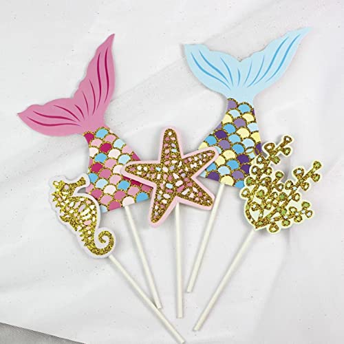 5Pcs Mermaid Tail Cake Topper Under The Sea Party Supplies Sea Creatures Cake Decor Pastel Seaweed Seahorse Starfish Mermaid Tail Cupcake Topper For Baby Shower Mermaid Birthday Party Cake Decorations #TOP1