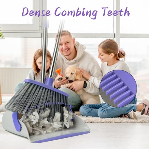 Image of Broom and Dustpan Set with 51 inch Adjustable Long Handle-Gray Purple | Long Handle and Standing Dust Pan with Comb Teeth, Efficient Floor Cleaning for Kitchen, Outdoor, Dorm, Apartment, Office
