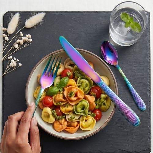 Image of Hammered Rainbow Silverware Set | 20-Piece Premium Stainless Steel Flatware Set | Dishwasher Safe Cutlery Set for Home, Restaurant & Gifting
