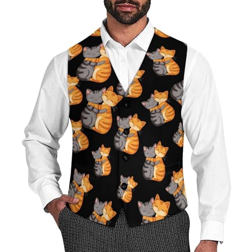 Two Hug Cats Mens Suit Vests V-Neck Casual Vest Dress Formal Tuxedo Wedding Waistcoat