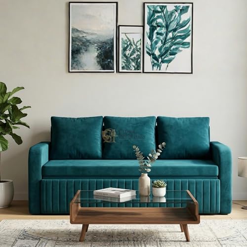 Image of Metal Frame Sofa Cum Bed with Full Cushion | Premium Velvet Fabric 3 Seater Pull-Out Sofa Bed | Space Saving Convertible Couch for Living Room | Modern Teal Color Sofa Bed 6X5 | Comfortable sleeping