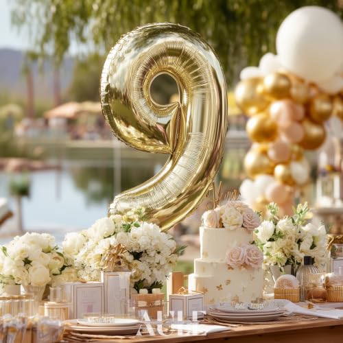 Image of AULE 40 Inch Large 9 Balloon Numbers Light Gold, Big Foil Number Balloons, Giant Helium Happy Birthday Party Decorations for Man and Women, Huge Mylar Anniversary Party Supplies