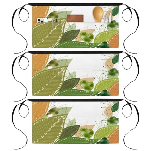 Lot de 3 tabliers courts de chef à motif feuilles vertes avec 3 poches pour cuisine et bistrot