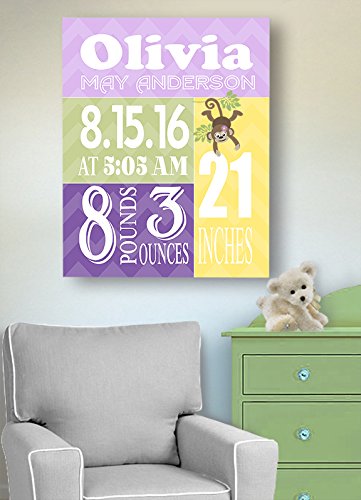 Personalized Stretched Canvas Birth Announcement Gift, Custom Baby Name, Date, Weight Stats, Newborn Nursery Monkey Wall Art Decor, Wooden Frame Construction, Ready to Hang 24X30
