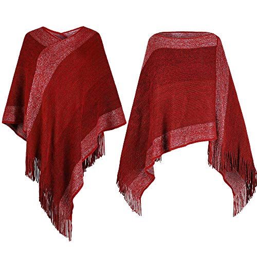 Image of Women's Elegant Knitted Shawl Poncho with Fringed V-Neck Striped Sweater Pullover Cape Gifts for Women Mom