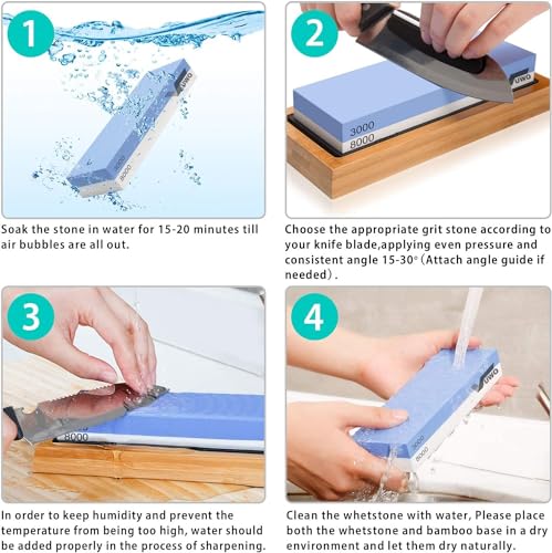 Miniatura 5 de Vuwo Piedra De Afilar Para Cuchillos - Profesional Piedra Afiladores De Doble Cara Grano 400 1000 3000 8000, Incluye Correa De Cuero, Base De Bambú, Guía De Ángulo Y Combinación De Pulido, Soporte D