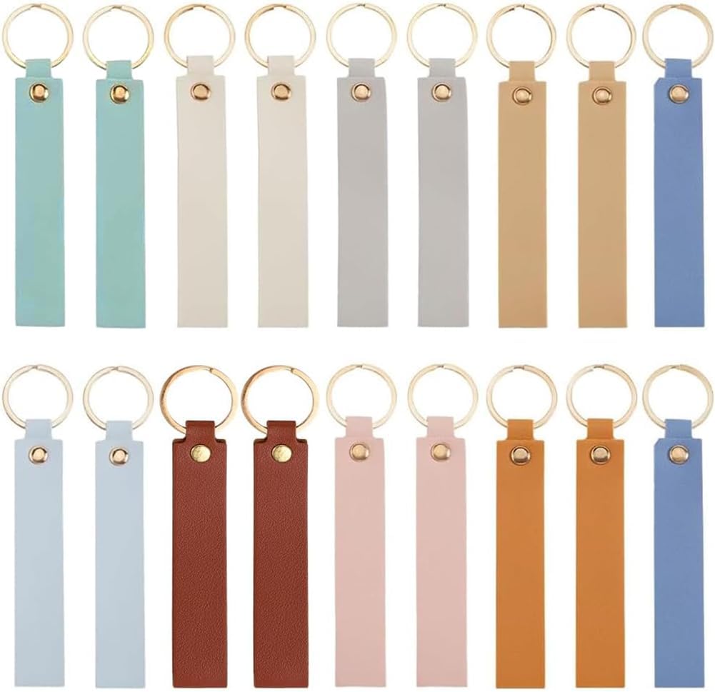 SUNNYCLUE 27Pcs 9 Colors 13.7cm Keychain Blanks Faux Leather Key Chains Bulk Light Colorful PU Rectangular Engraving Blank Keychains Holder with Gold Iron Key Ring for Keys Chain Stamping DIY Crafts