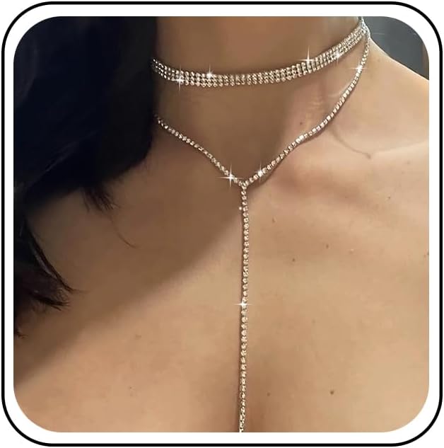 Wide Rhinestone Choker Necklace Sparkly Crystal Tennis Chain Necklace Long Rhinestone Y Drop Necklaces Gold Tennis Y Lariat Chain Wedding Jewelry for Women