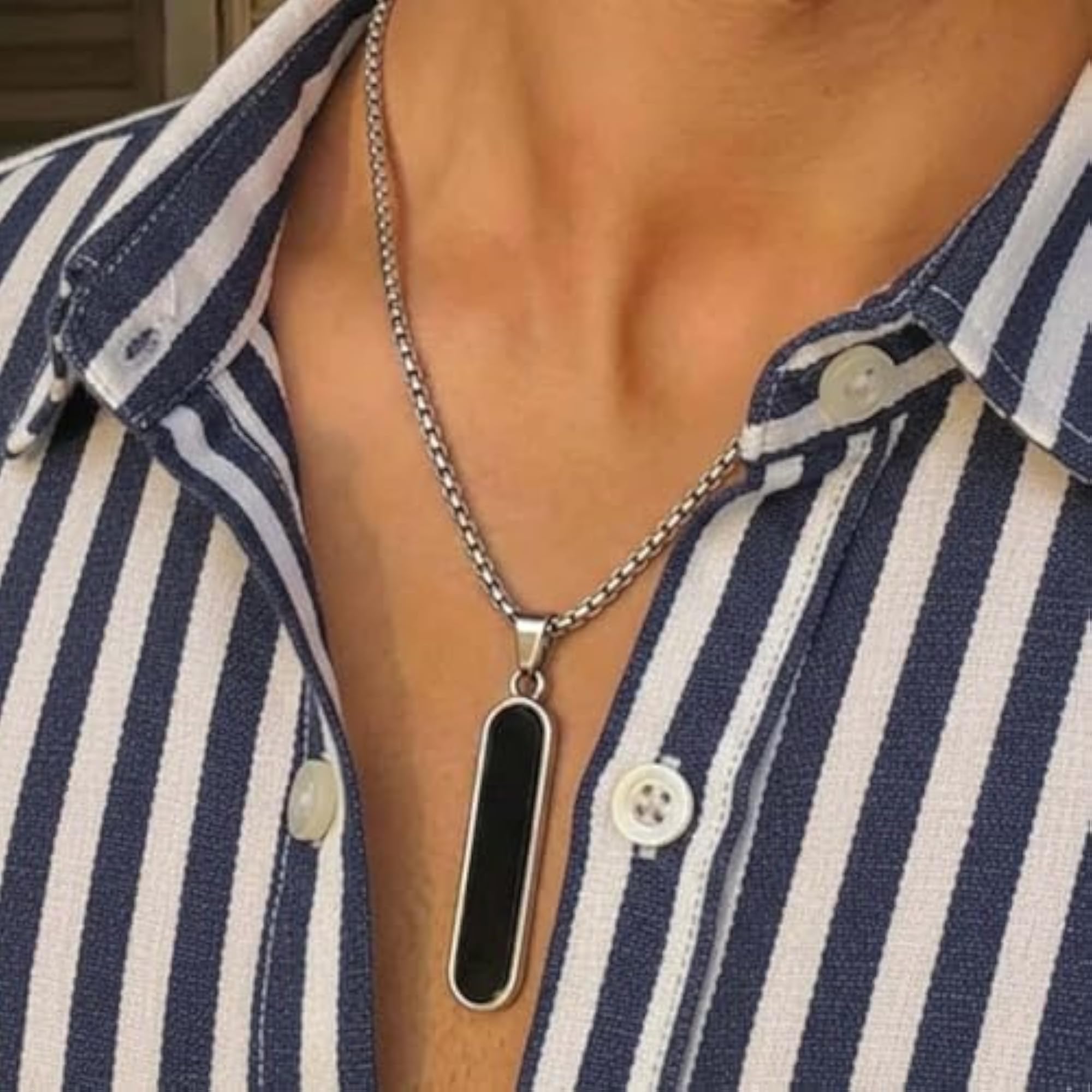 Black Onyx Bar Pendant Necklace for Men, Minimalist Design