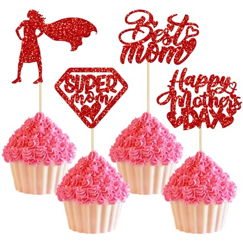 Gyufise 24 Pack Red Glitter Happy Mothers Day Cupcake Toppers Best Mom Ever Cupcake Picks Super Mom Cake Decoration Party Supplies for Mother's Day Party Cupcake Decorations