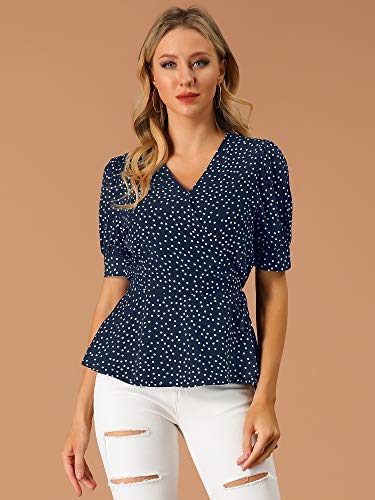 Allegra K Women's V Neck Polka Dots Blouses Short Sleeve Wrap Peplum Top Medium Dark Blue #TOP2