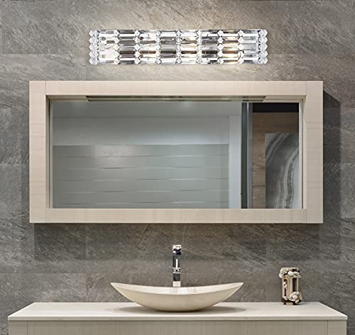Image of JONATHAN Y 31.75 inch Chrome Modern Crystal Vanity Light, LED Bathroom Wall Sconce, 4-Light Fixture for Mirror, Glam Lighting with Clear Crystal Shade, Art Deco Makeup Wall Lamp (JYL7541A)