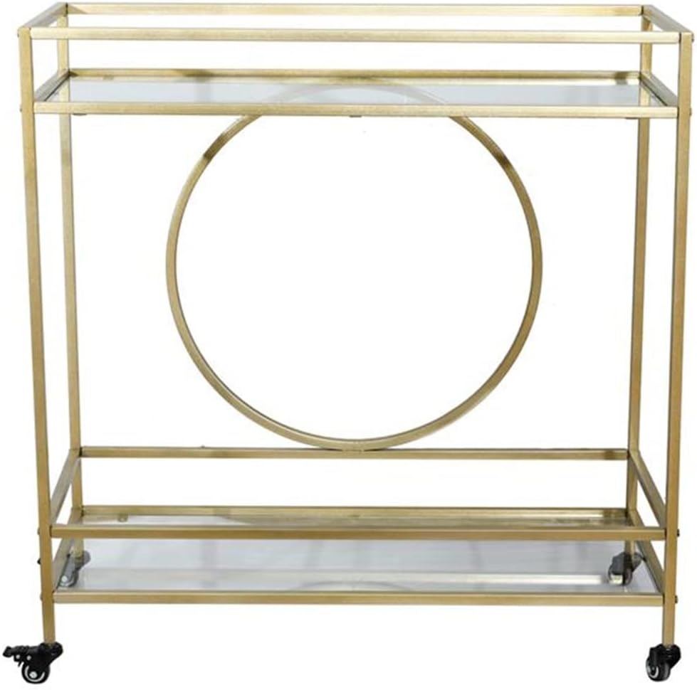 International Bar Serving Cart Dining Car Storage Rack 2-Layer Gold Metal Frame Glass Top Shelf