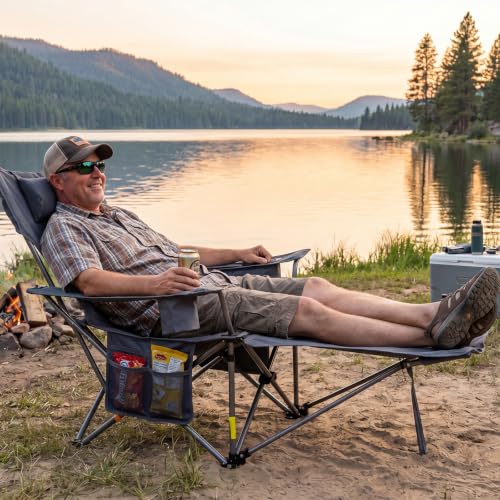 Image of Romswi 2Pack 4-Position Reclining Camping Chair with Removable Footrest, 2-in-1 Adjustable Portable Lounge Chair with Cooler Bag, Cup Holder, Side Pockets & Carry Bag for Outdoor, Grey