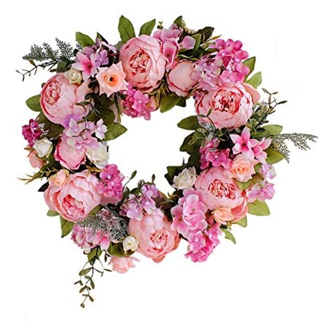 16" Door Wreaths, Artificial Peony Hydrangea Pink Flower Front Door Wreaths Cover