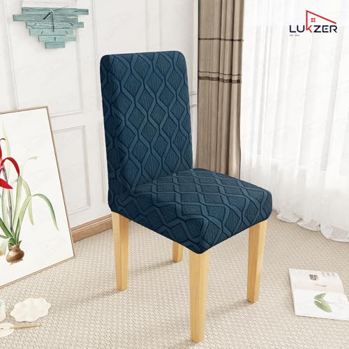 Image of Lukzer Elastic Dining Chair Cover - 4PC Pastel Marine Blue Diamond | Textured High Stretch Jacquard Seat Cover | Removable Washable Short Dining Chair Cover Protector Seat Slipcover | (CC-159-04)