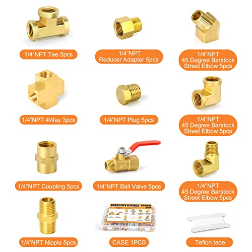 Gasher 48Pcs 1/4"Npt Brass Pipe Fittings Kit，Coupling，90 Degree Elbow，45 Degree Elbow，Nipple，Ball Valve，Plug，Tee，4 Way，Reducer Adapter #TOP3