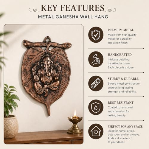 Image of Collectible India Ganesha Leaf Metal Wall Hanging Sculpture | Ganesh Idol Home Decor Ganpati on Leaf Lucky Feng Shui Wall Art