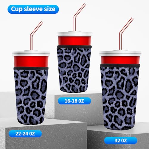 Image of 3 Pack Reusable Neoprene Insulator Sleeve for Iced Coffee Cups, Funny Coffee Cup Sleeves for 16-32oz Coffee cups, Cute Drink Sleeve for Cold Hot Beverages Cute Grey Leopard