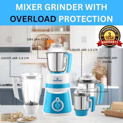 Image of Champion Fortune 750 watt Mixer Grinder | 3 Multipurpose Stainless Steel Jars & 1 Juicer Jar | Copper Motor with 22,000 RPM Speed | 3 Yrs Warranty | Smart Safety Features | White & Blue