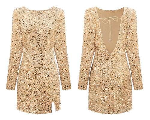 Image of R.Vivimos Women's Sequin Bodycon Dress Fall Winter Velvet Warm Long Sleeve Crew Neck Sexy Backless Glitter Slit Mini Dress