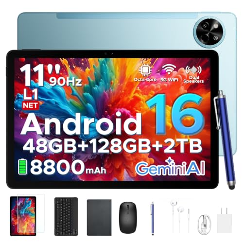 Image of P11 2026 11 Inch Android 16 Tablet with Gemini AI, UNISOC T7250 90Hz Screen, 48GB RAM+128GB ROM, 8800mAh, 5G WiFi, 13MP+5MP, 3.5mm Jack, Face ID, Tablet with Keyboard, Pen, Mouse- Blue