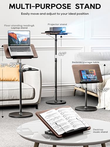 Image of 2 in 1 Adjustable Book Stand - Dual-Use Floor and Desktop Book Holder Stand, Height Adjustable 23.5-52 in, Elastic Page Clips for Music Sheet, Recipe, Tablet, Laptop-Black
