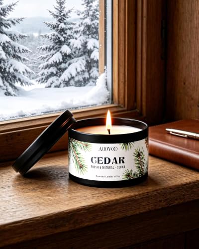 Image of AOOVOO Winter Candles Set- 4 Pack Scented Candles for Home Decor | 26oz 200 Hours Long Lasting Candle, Cinnamon Rolls, Cookies, Cedar, Apple Cinnamon Candle Gift, Non Toxic Soy Wax