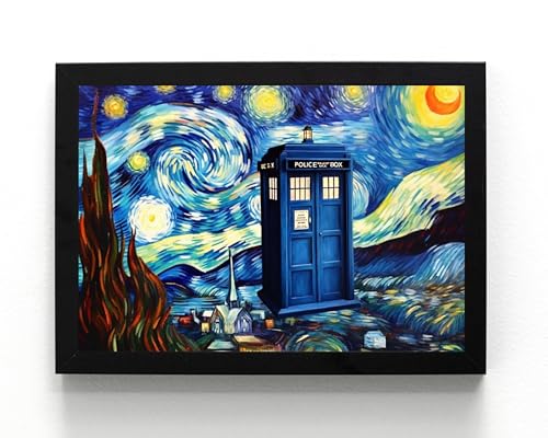 STONE ROSES Stampa artistica da parete in stile Van Gogh con cornice, formato A5, motivo: Doctor Who Police Box, Starry Starry Night, astratto, idea regalo, serie TV iconica (incorniciata 21 x 16 x