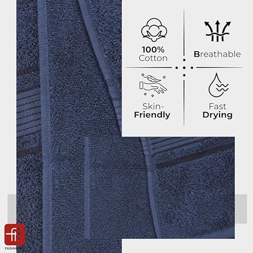 Image of 380 GSM 100% Cotton Highly Absorbent Light Weight Quick Dry Large Couple Bath Towel Set of 2 (Navy Blue)