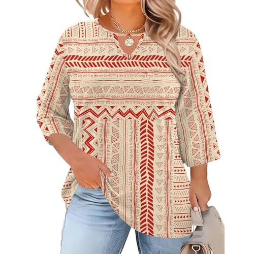 Rapbin Womens Plus Size Tops 3/4 Length Sleeve Shirts Crewneck Dressy Casual Blouses Trendy Keyhole Tunic Top XL-5XL Red Ethnic Style 4X-Large