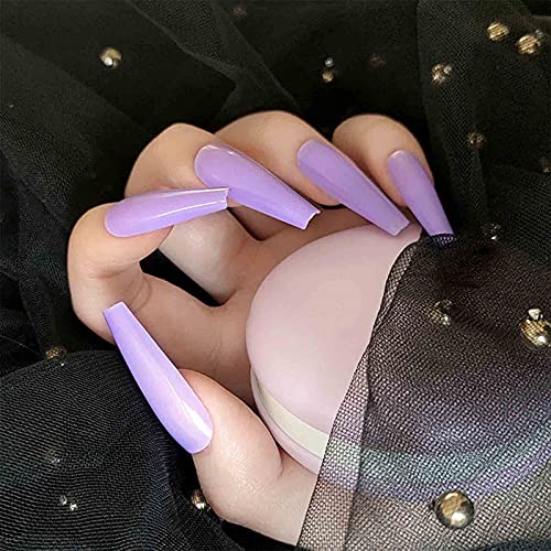Yheakne Coffin Extra Long Press on Nails Long Ballerina Purple Fake Nails French Clip on Nails Purple Press Nails Art Full Cover Acrylic Nails for Women and Girls 24Pcs (Glossy purple)