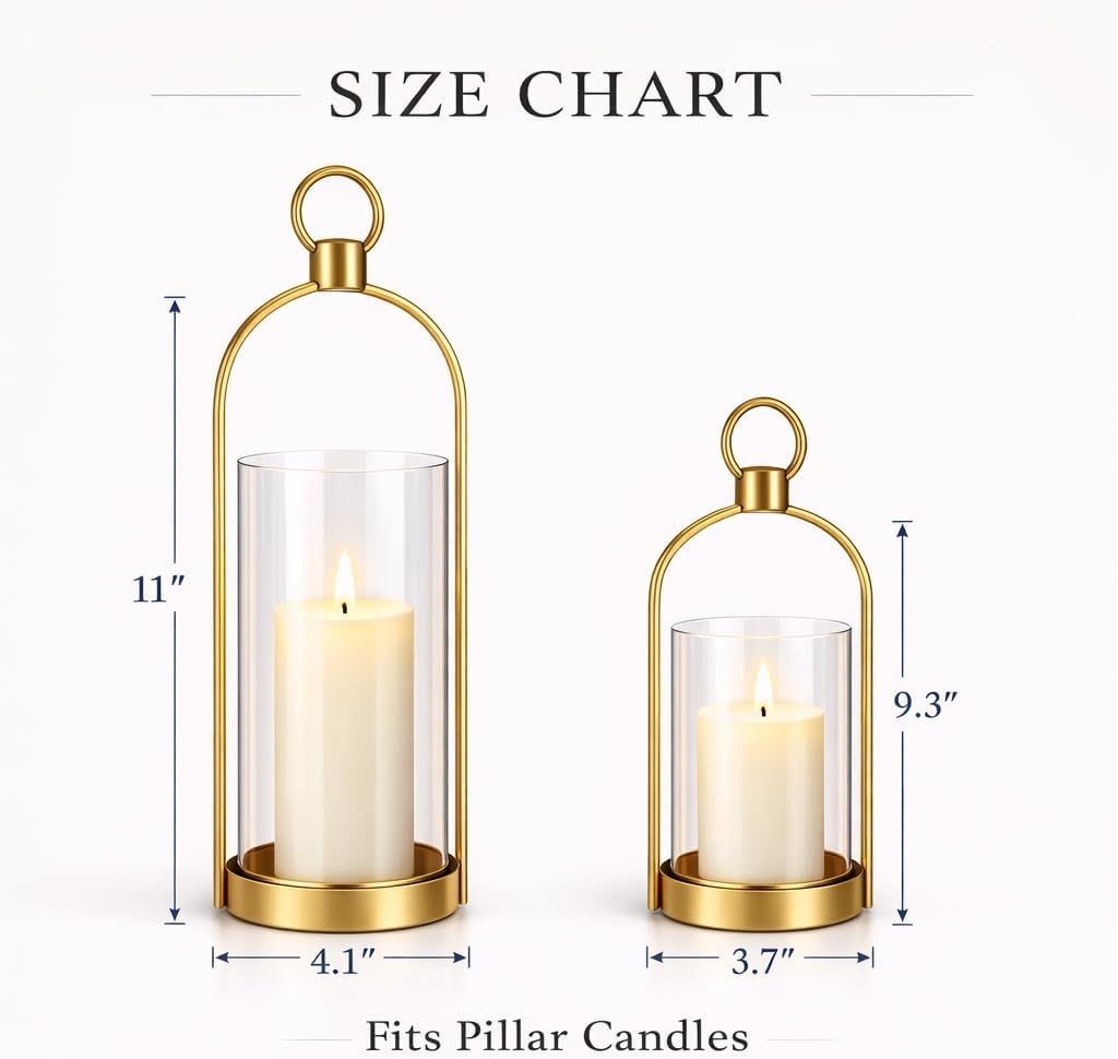 Gold Glass Candle Holder Set of 2, Modern Decorative Hurricane Candle Holders with Thick Glass Cylinder & Vintage Metal Frame for Table Centerpiece, Living Room, Shelf & Dining Table Decor