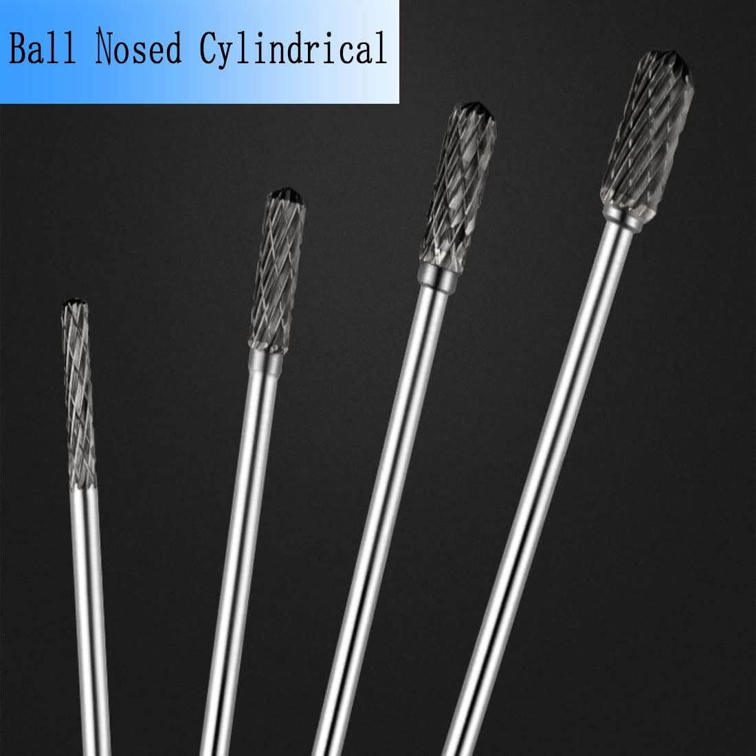 75mm Extra Long Carbide Burr Sets, 1/8 Inch Shank Rotary Tungsten Carbide Bits (C Type Ball Nosed Cylindrical Shape)