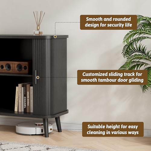 Image of BORNOON Buffet Cabinet with Storage, Curved-Edge Fluted Storage Cabinet Sideboard, Modern Black Sideboard Buffet with Adjustable Shelves & Sliding Door for Dining Room, Kitchen, Entryway