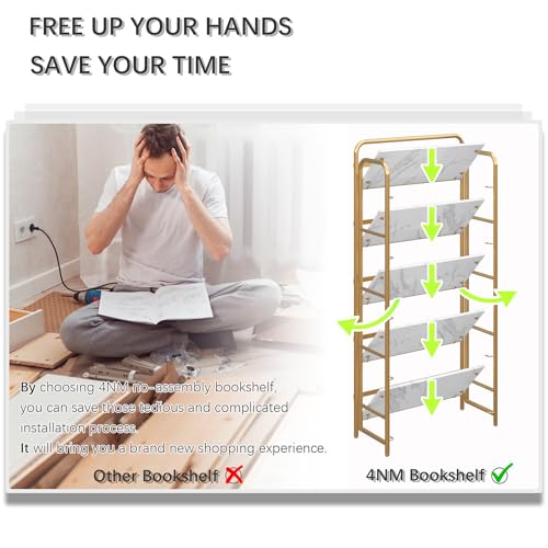 Image of 4NM No Assembly Folding Bookshelf, 5 Tiers Collapsible Book Shelves Open Industrial Foldable Storage Bookcase Shelf for Bedroom, Living Room, Home Office - White and Gold