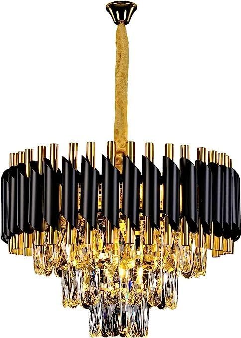 Image of BASLASH Modern Crystal 400mm Chandelier Black and Gold Chandelier Round Chandeliers Pendant Ceiling Light Fixture Flush Mount Chandelier for Dining Room Living Room Bedroom Foyer Hallway Entryway